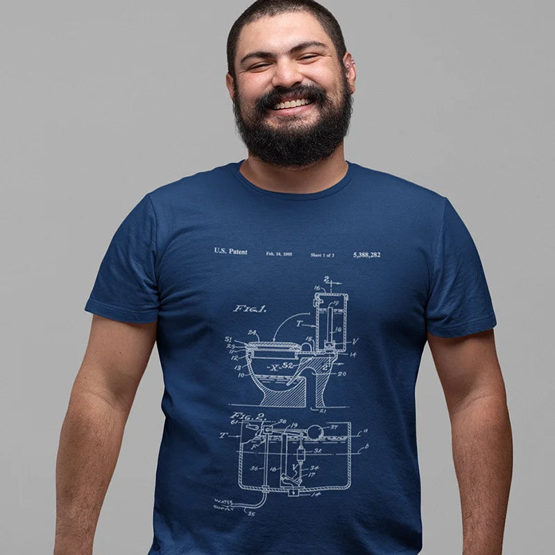 laughing man wearing adult humor shirt with toilet patent