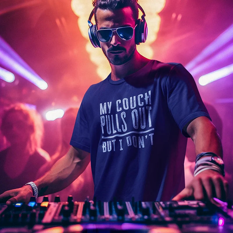 DJ in club wearing adult novelty gift my couch pulls out t shirt in navy 