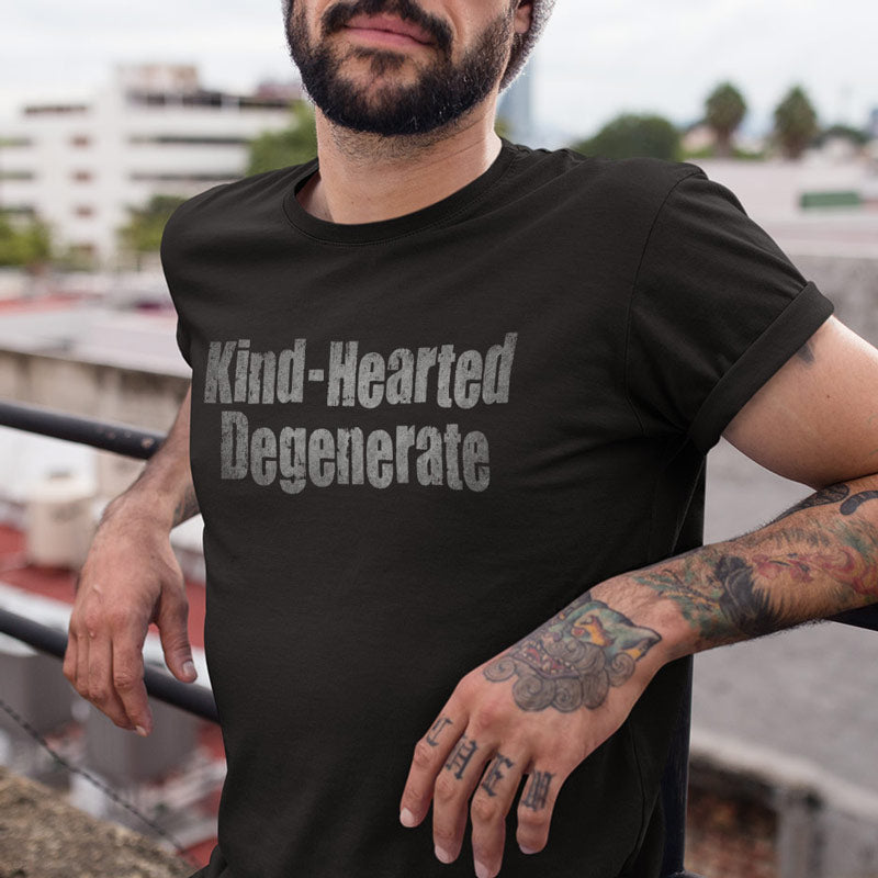 Angled shot displaying the side-seamed construction of the 'Kind Hearted Degenerate' alcohol shirts by dodo tees