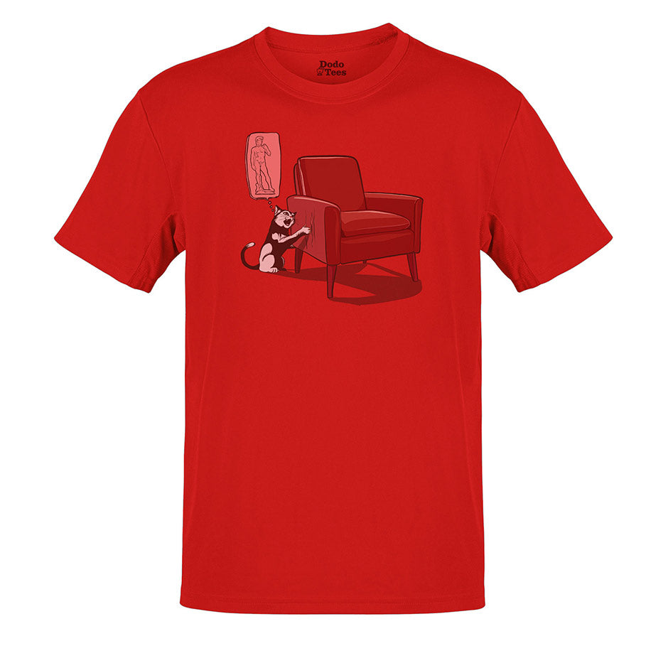 Red cat t shirt with a cat clawing a chair thinking it will be Michelangelo's David. The Cat Michelangelo Shirt features an original Design by Dodo Tees. 