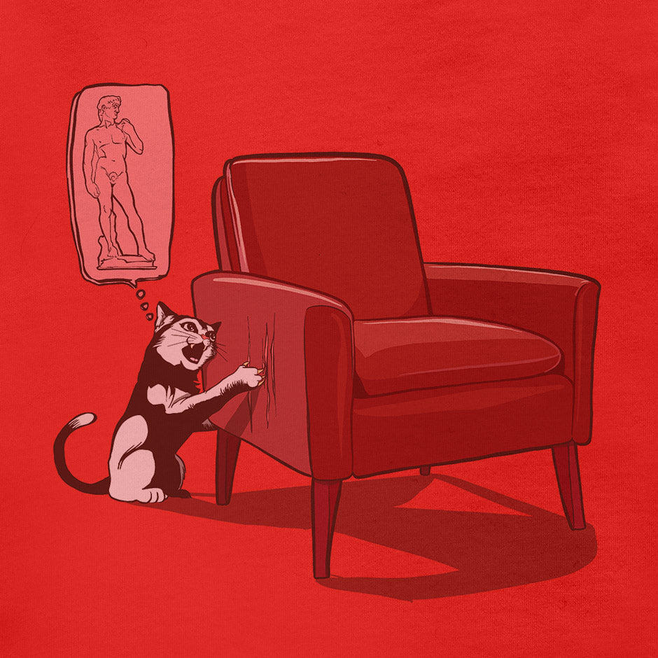 funny artist cat t shirt with a cat clawing a chair thinking it will be Michelangelo's David. The Animal T Shirt features an original Design by Dodo Tees. 