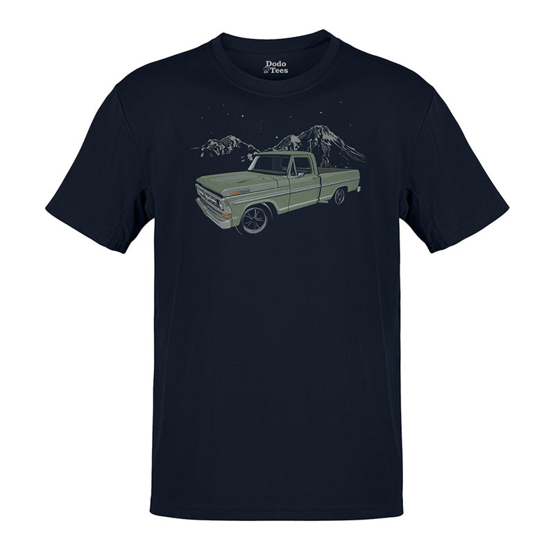 auto shirts in navy with  illustration of a truck in front of mountains and stars