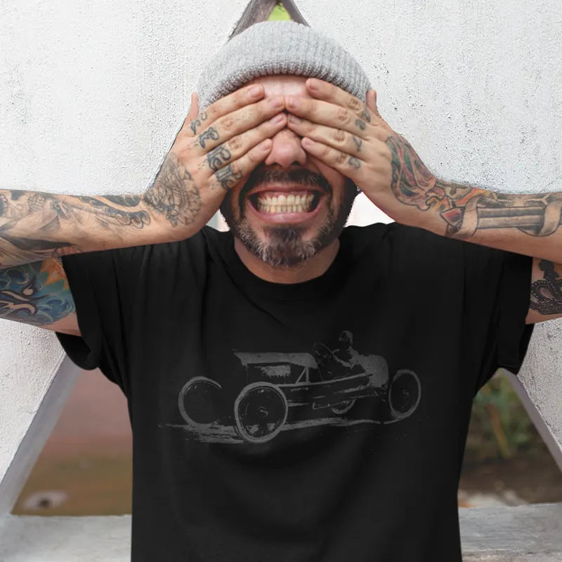 tattooed man wearing indy shirt automobile gift for guys