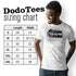 dodo tees sizing chart for automobile t shirts. model is wearing white grand sport tee