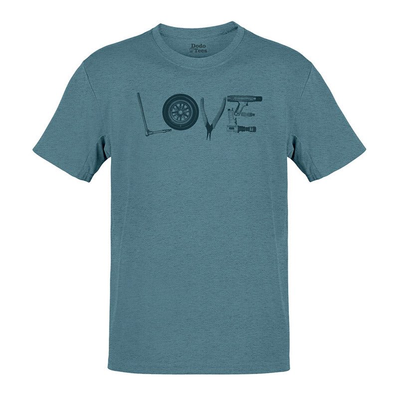 automotive apparel with love spelled in tools and tire in heather slate by dodo tees