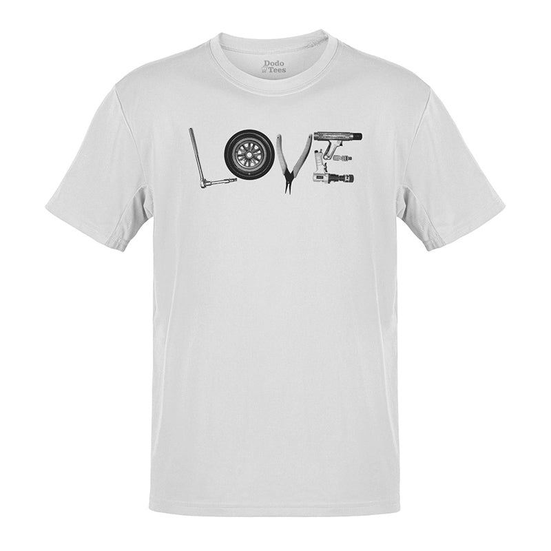 automotive apparel love shirt with the word love spelled in tools and a tire in white by dodo tees 