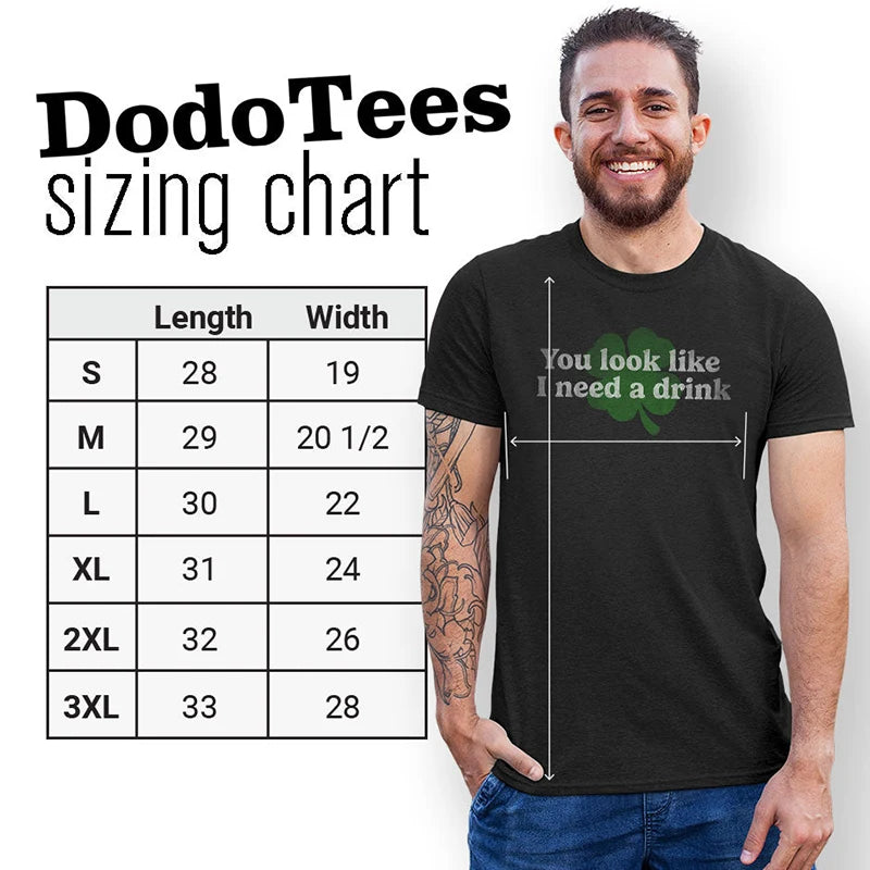 bar crawl shirts sizing chart. available in sizes small to 3XL