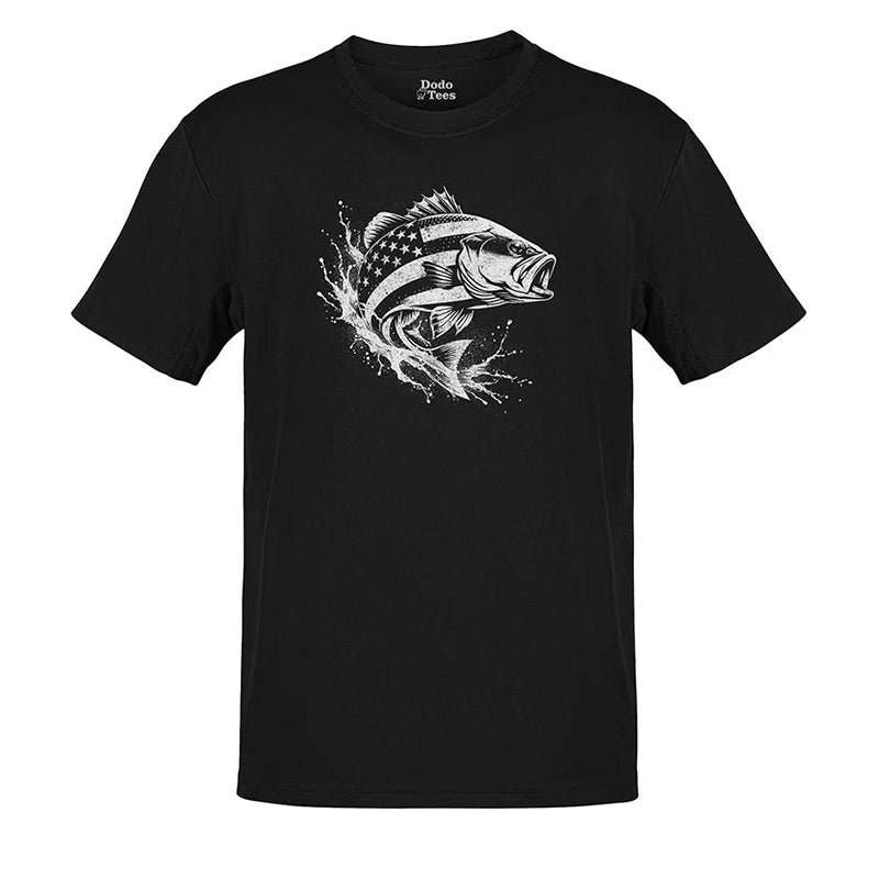 bass fishing shirt with american flag fish design in black