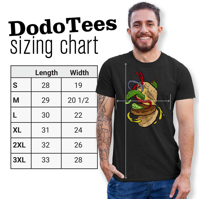 bbq tshirts sizing chart. available in sizes small to 3XL