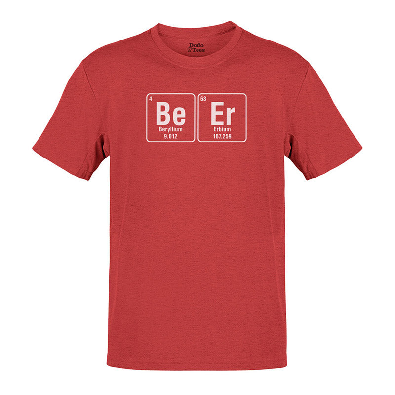 Periodic table Shirt featuring Beryllium and Erbium spelling out BEER in heather canvas red