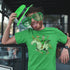 man wearing a st. Patricks day outfit beer t shirt with a unicorn, St. Patrick and a leprechaun.