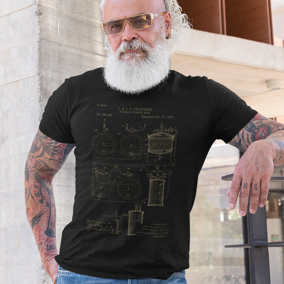 Beer t shirts featuring 1893 Zwietusch patent for making beer. Geek Shirts available in sizes S-3XL by Dodo Tees.