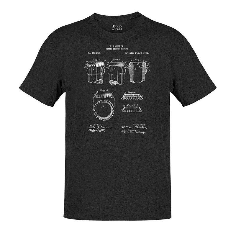 beer tees in heather charcoal with bottle cap patent drawing