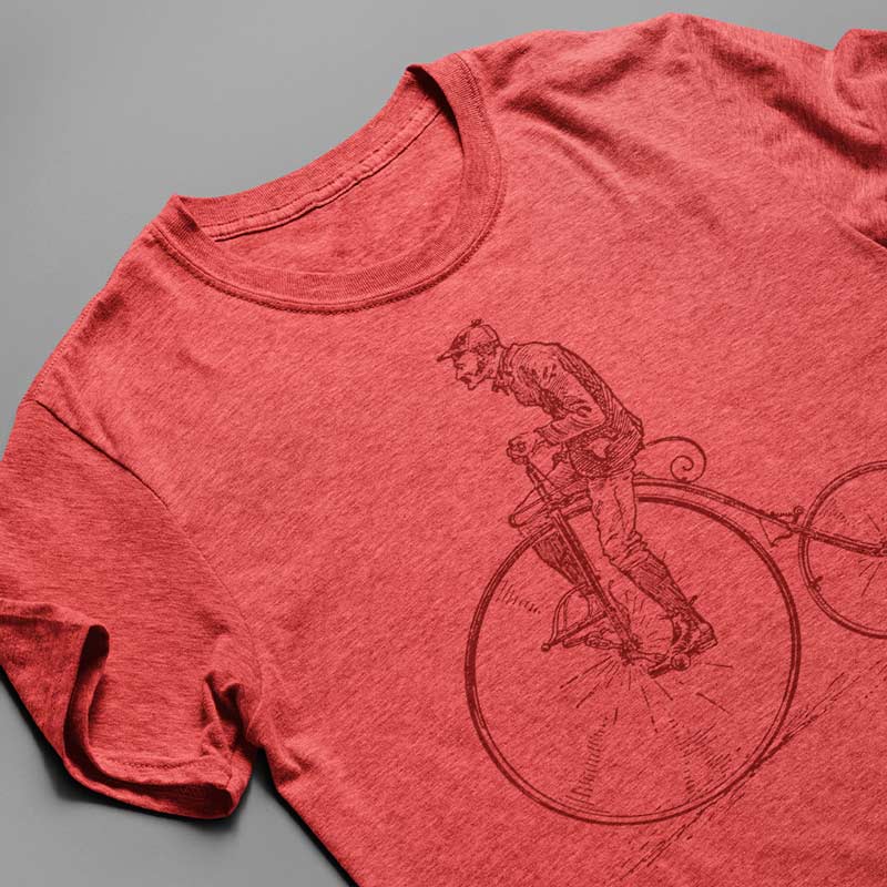 close up view of bicycle shirt with penny farthing illustration by dodo tees