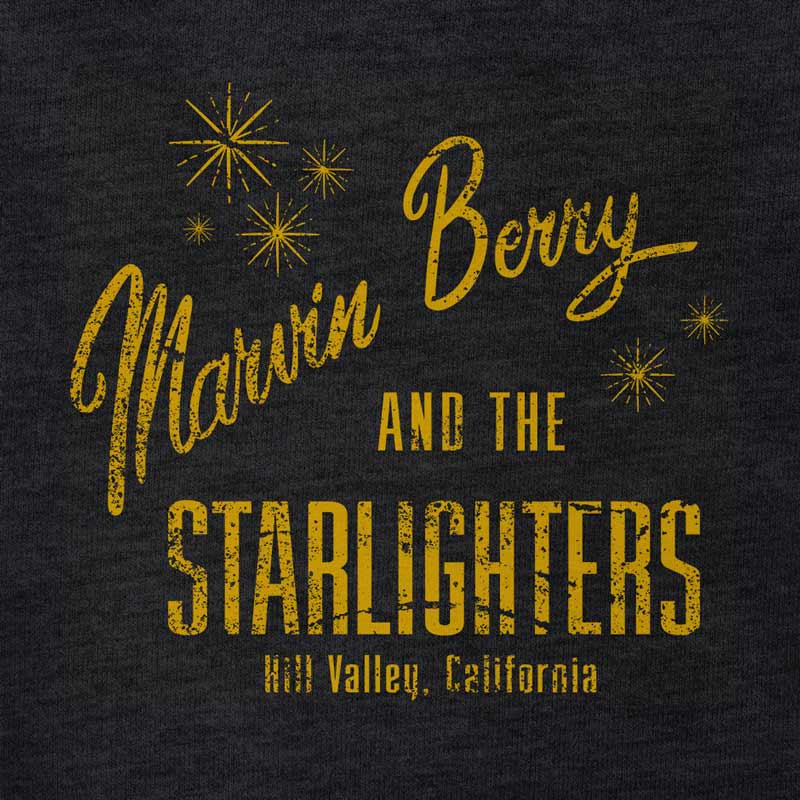 detail view of bttf shirt by dodo tees with marvin berry and the starlighters band logo