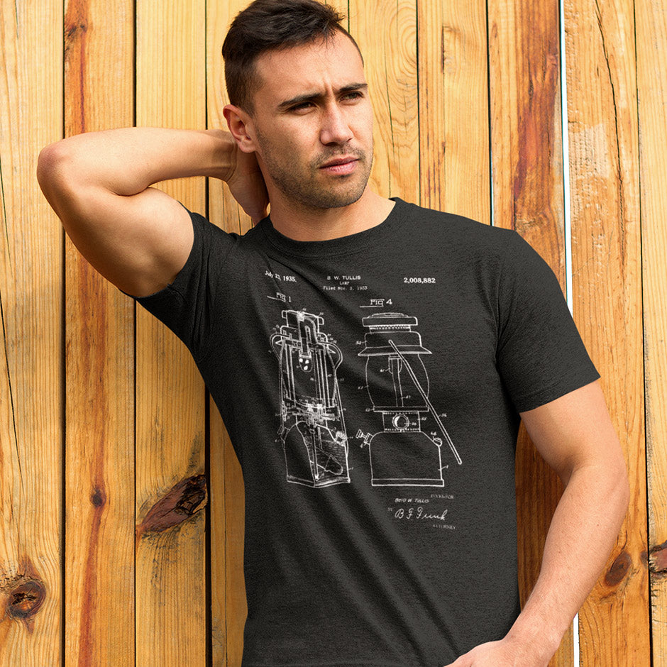 man modeling Dodo Tees camping gifts for men Heather Charcoal lantern patent camping shirt.