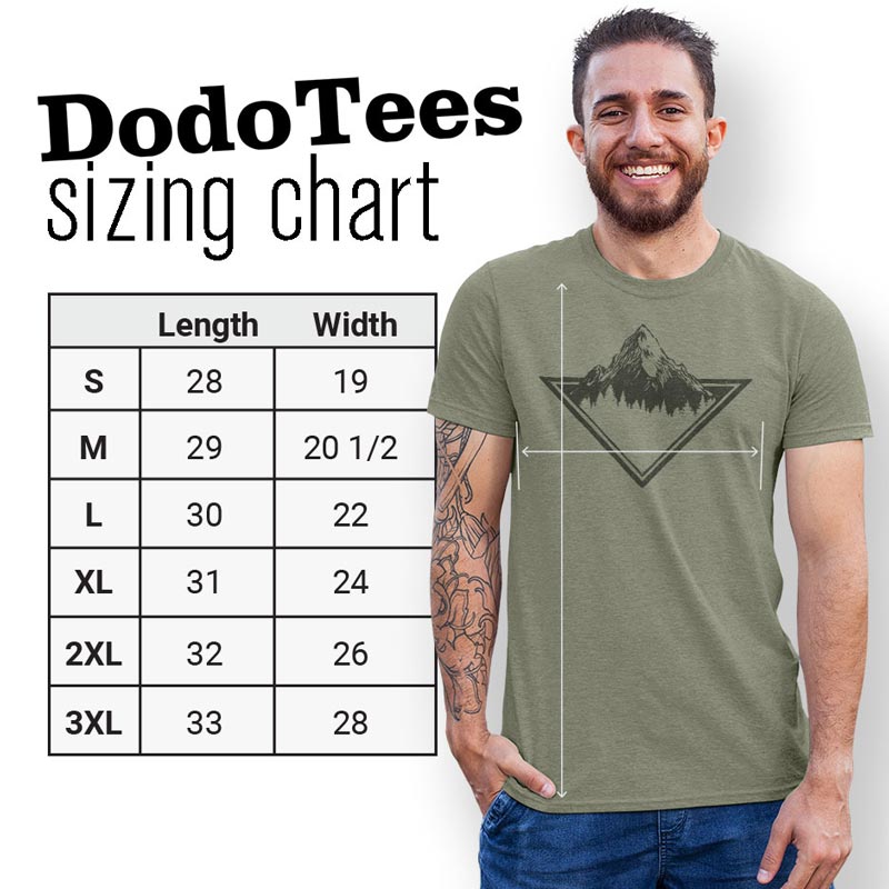 Camping shirts sizing chart for Dodo Tees graphic t shirts. Available in sizes Small - 3XL