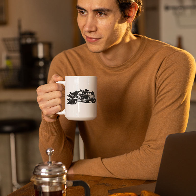 man sipping coffee from his car gift hot rod mug