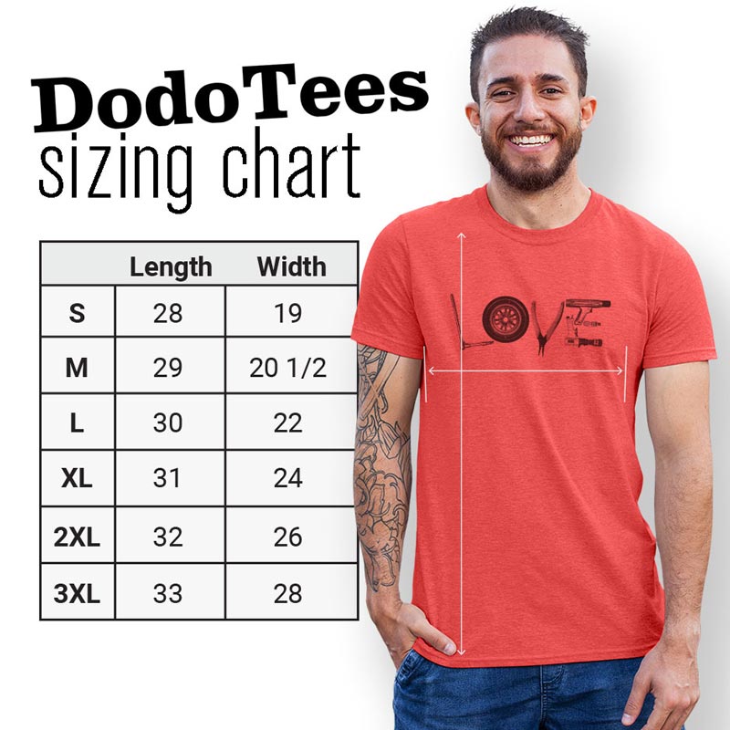 car guy shirts sizing chart. dodo tees are available in sizes small to 3XL