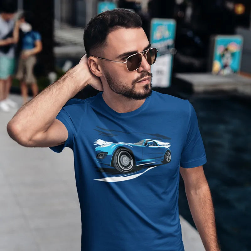 stylish man wearing car shirt with mx5 nc illustration in blue