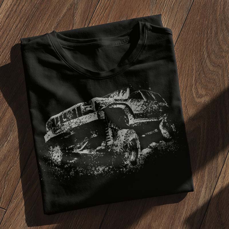 car shirt folded with xj off road splatter graphic