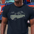 close up view of model wearing car t shirt with classic truck illustration