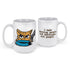 cat coffee mug front and back view with funny cat illustration and text on the back