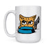 cat mug with funny cartoon illustration of cat holding gun by food bowl