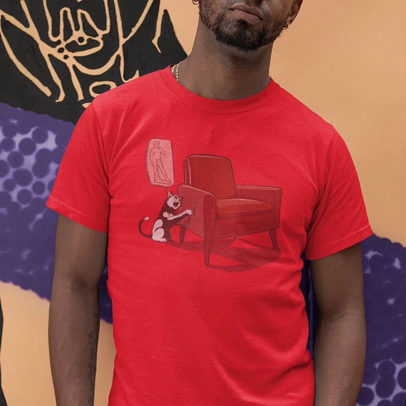 model wearing cat themed shirts with michelangelo cat cartoon illustration