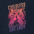 detail view of the childless cat lady t shirt by dodo tees featuring a unique illustration of a cat with the text "childless cat lady"