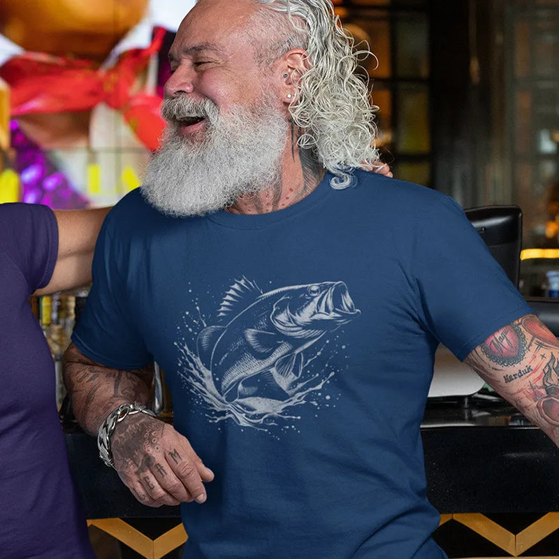 laughing man at bar wearing christmas gifts for fisherman bass t shirt in blue