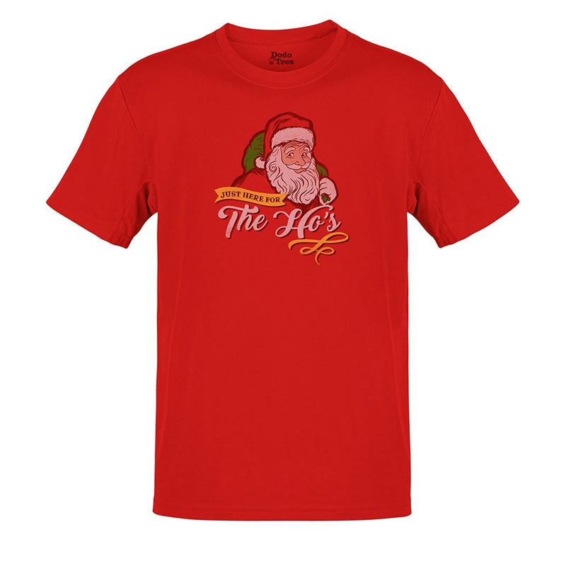 Red Christmas Shirt that reads Just here for the Ho's and has an original Santa illustration by Dodo Tees