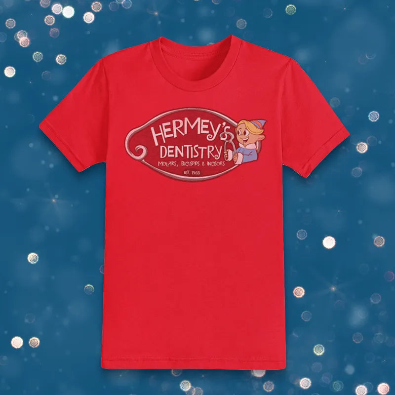 Red Christmas tees with Hermey's dentistry post modern logo