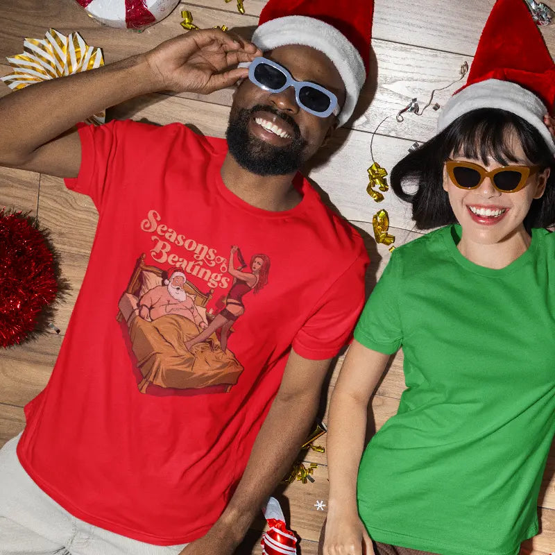 laughing people at party wearing christmas tees with seasons beatings design