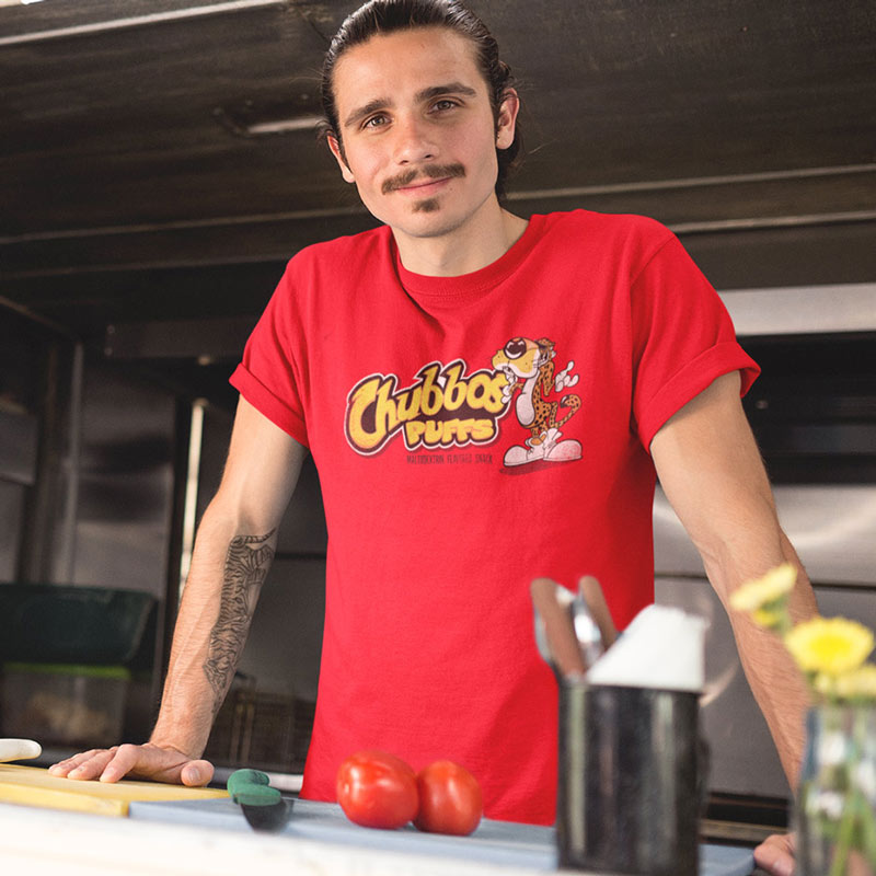 chef wearing red chubbos novelty t shirt by dodo tees