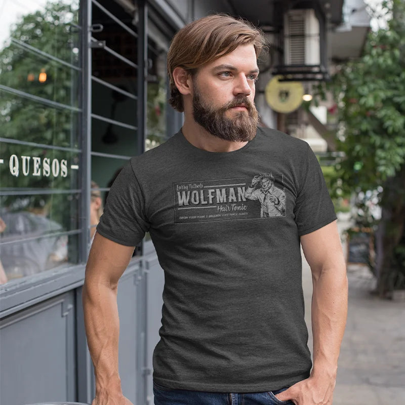 stylish man outside wearing cinema lover gifts wolfman hair tonic t shirt