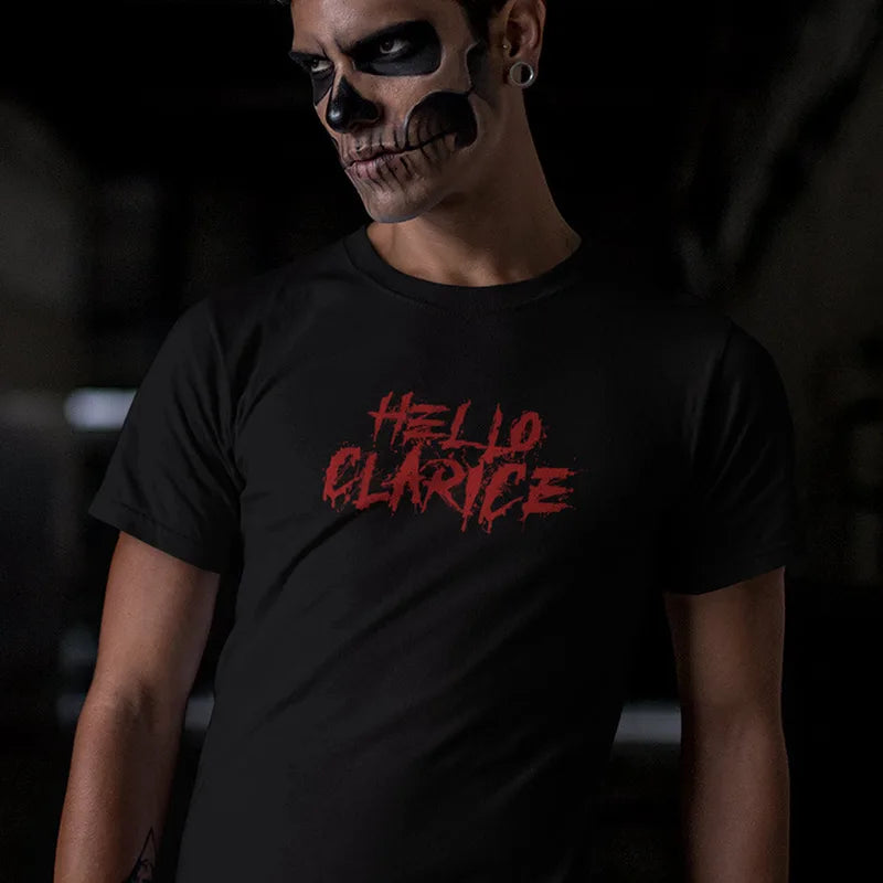 spooky man wearing crazy shirt with hello clarice type