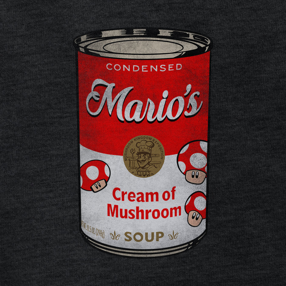 detail view of Dodo Tees' cream of mushroom mario t shirt featuring a comic illustration of mushroom soup