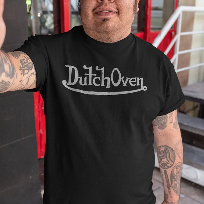 detail view of dad jokes shirt with dutch oven parody logo in black