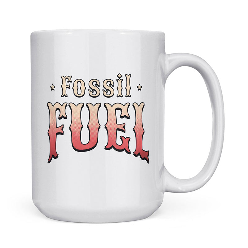 back view of dinosaur gifts for adults t rex mug with vintage style text that says "fossil fuel"