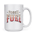 back view of dinosaur gifts for adults t rex mug with vintage style text that says "fossil fuel"