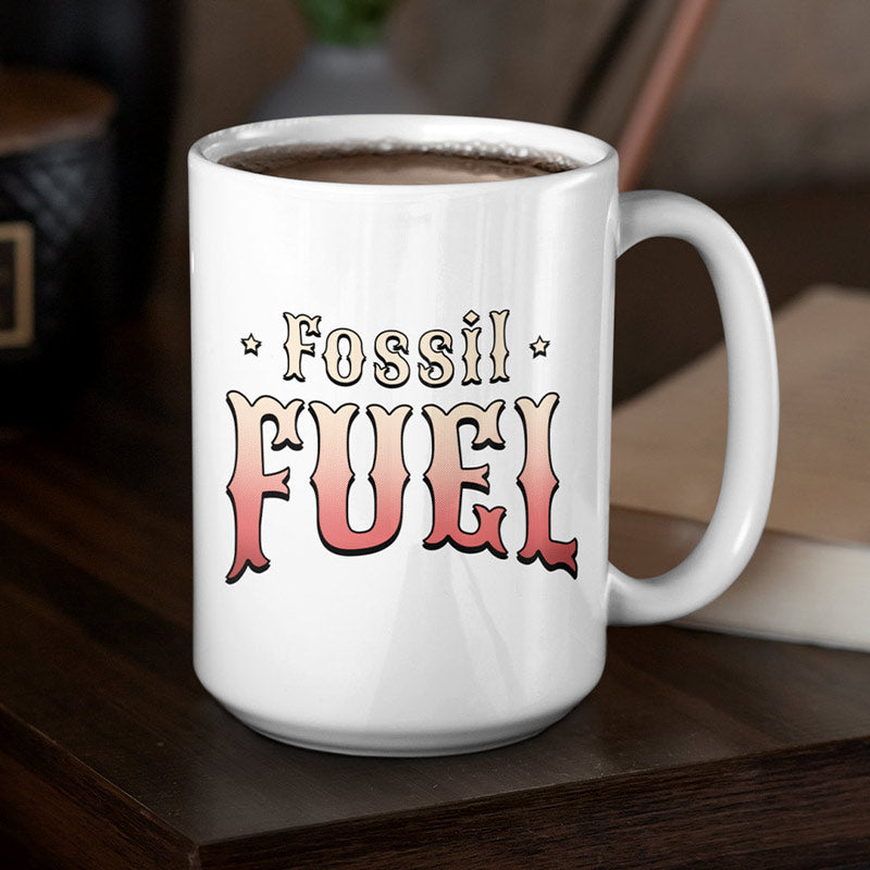 dinosaur gifts back view of mug with vintage style fossil fuel text