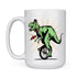 dodo tees dinosaur mug with vintage style illustration of a t rex riding a unicycle wearing a top hat 