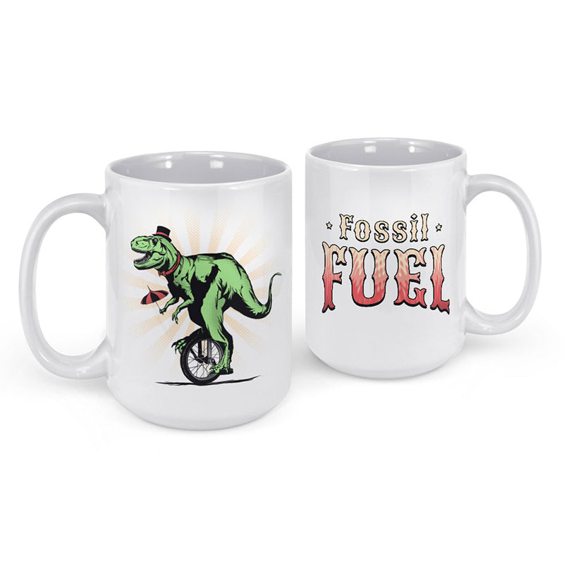 front and back view of dinosaur presents for adults t rex mug with t rex illustration on the front and "fossil fuel" on back