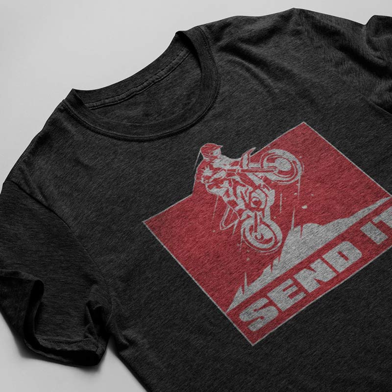 close up view of dirt bike shirt with send it illustration by dodo tees