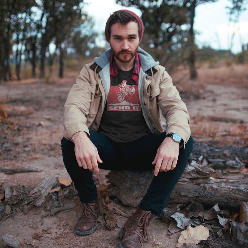 camping man wearing dirt bike shirt with send it graphic