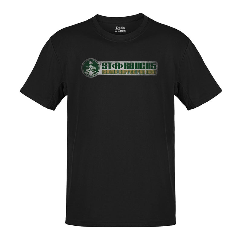 dystopian shirt with exotic coffee for men funny logo in distressed printing style by dodo tees