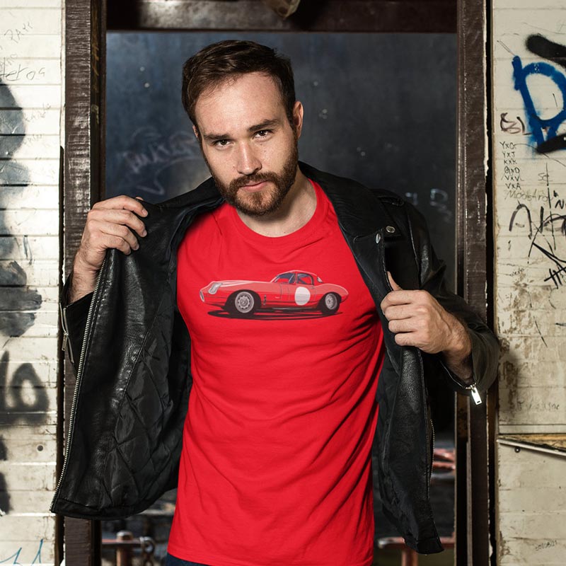 man in leather jacket and red e type car shirt