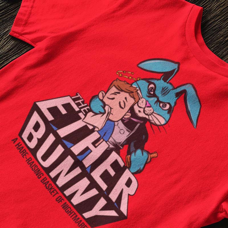 close up view of easter gifts for adults t shirt with ether bunny 
