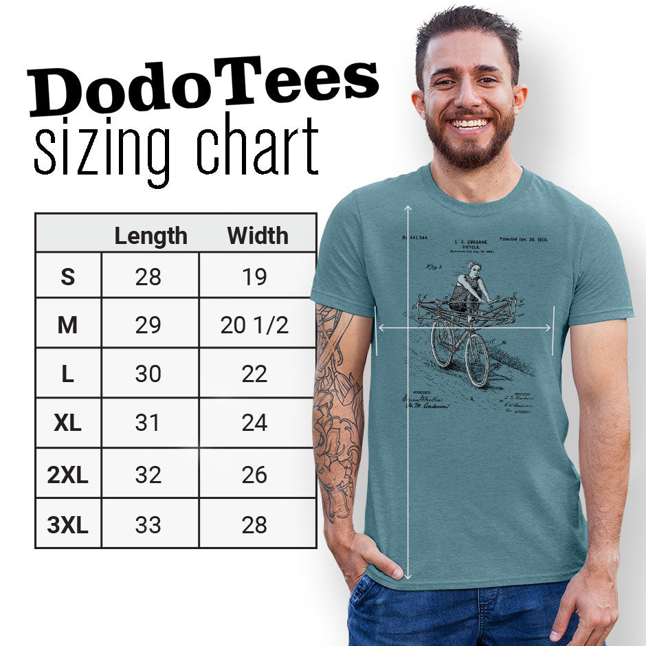 Engineering t shirts sizing chart for the rowing crew bike patent. The mens gym shirts are available in Small 28Lx19W. Medium 29Lx20.5W. Large 30Lx22W. XL 31Lx24W. 2XL 32Lx26W. 3XL is 33Lx28W.